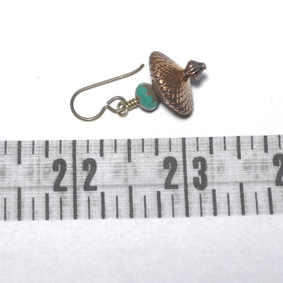 Hand Crafted Handmade Earrings Teal & Copper UFO Saucer Bead Earrings - Picture 4 of 5